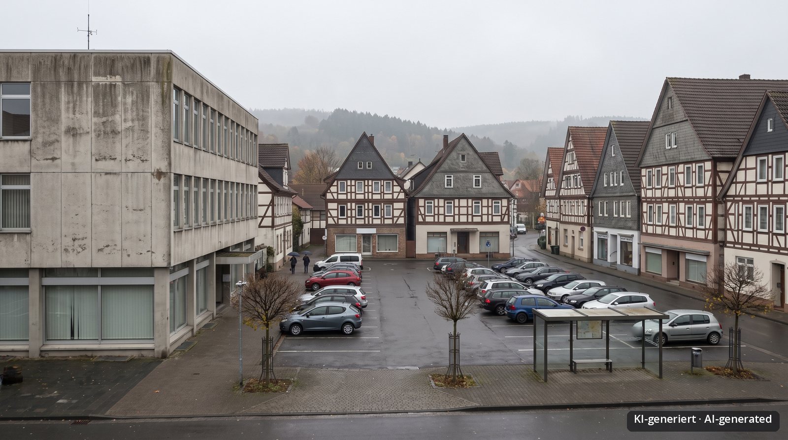 Image created with AI tools, fictional town: square with a 1970s town hall, half-timbered houses and a car park, today
