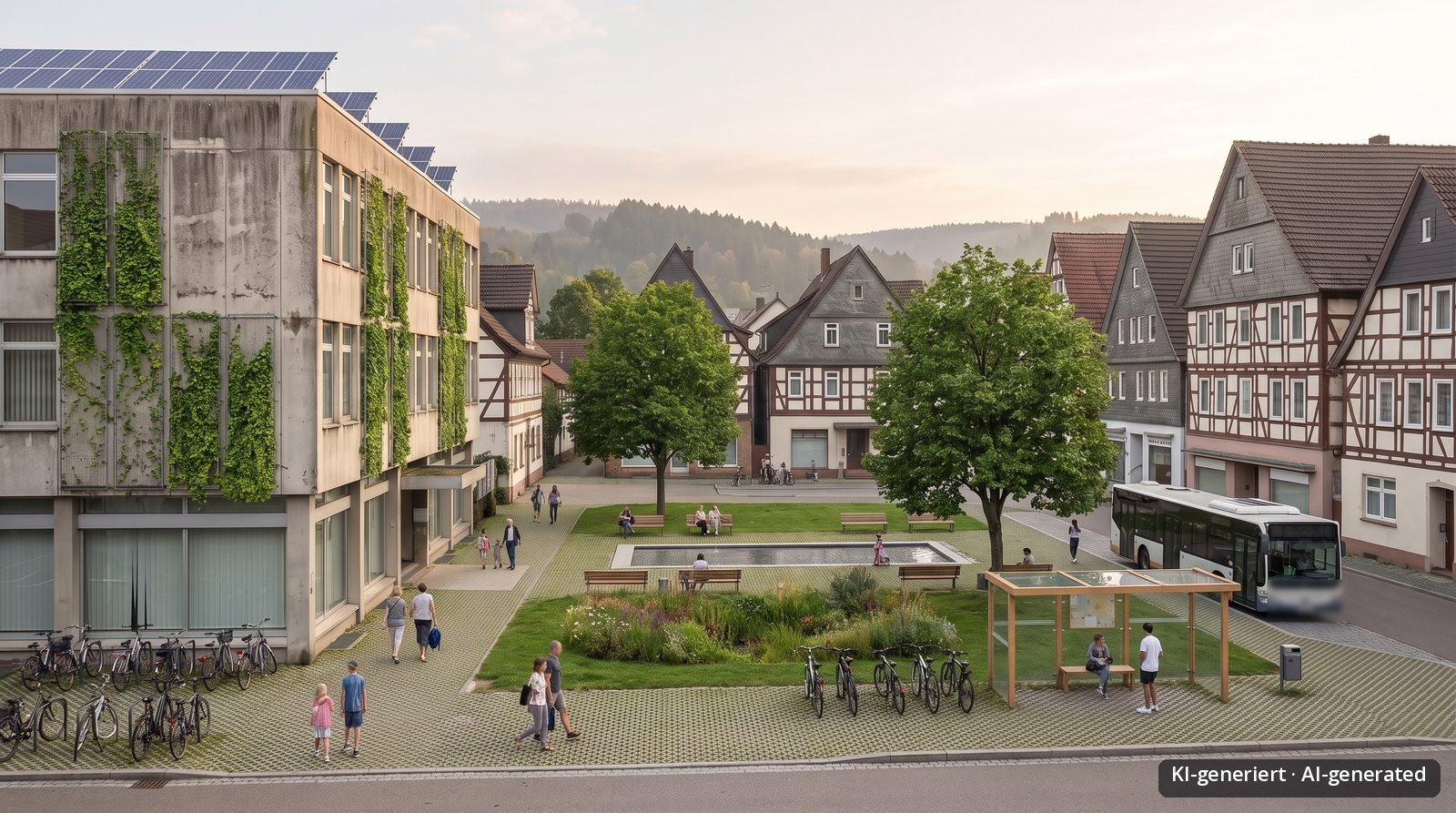 Image created with AI tools, the same fictional town in scenario A: green square with trees, water basin, benches and an electric bus