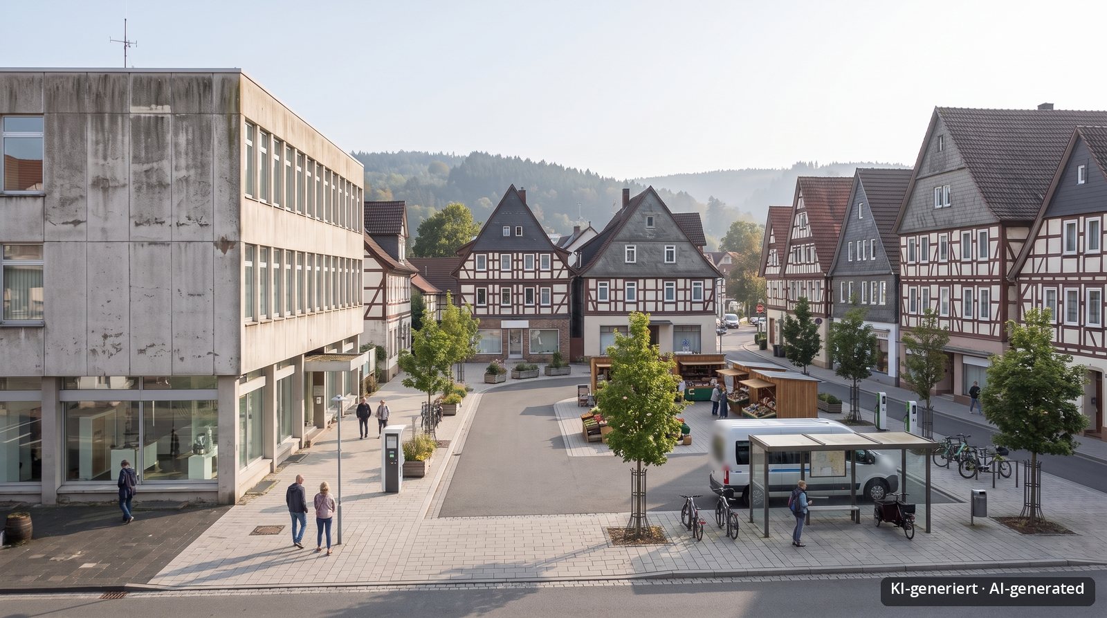 Image created with AI tools, the same fictional town in scenario B: mobility hub with minibus, shared bikes, market stalls and an open citizen service office